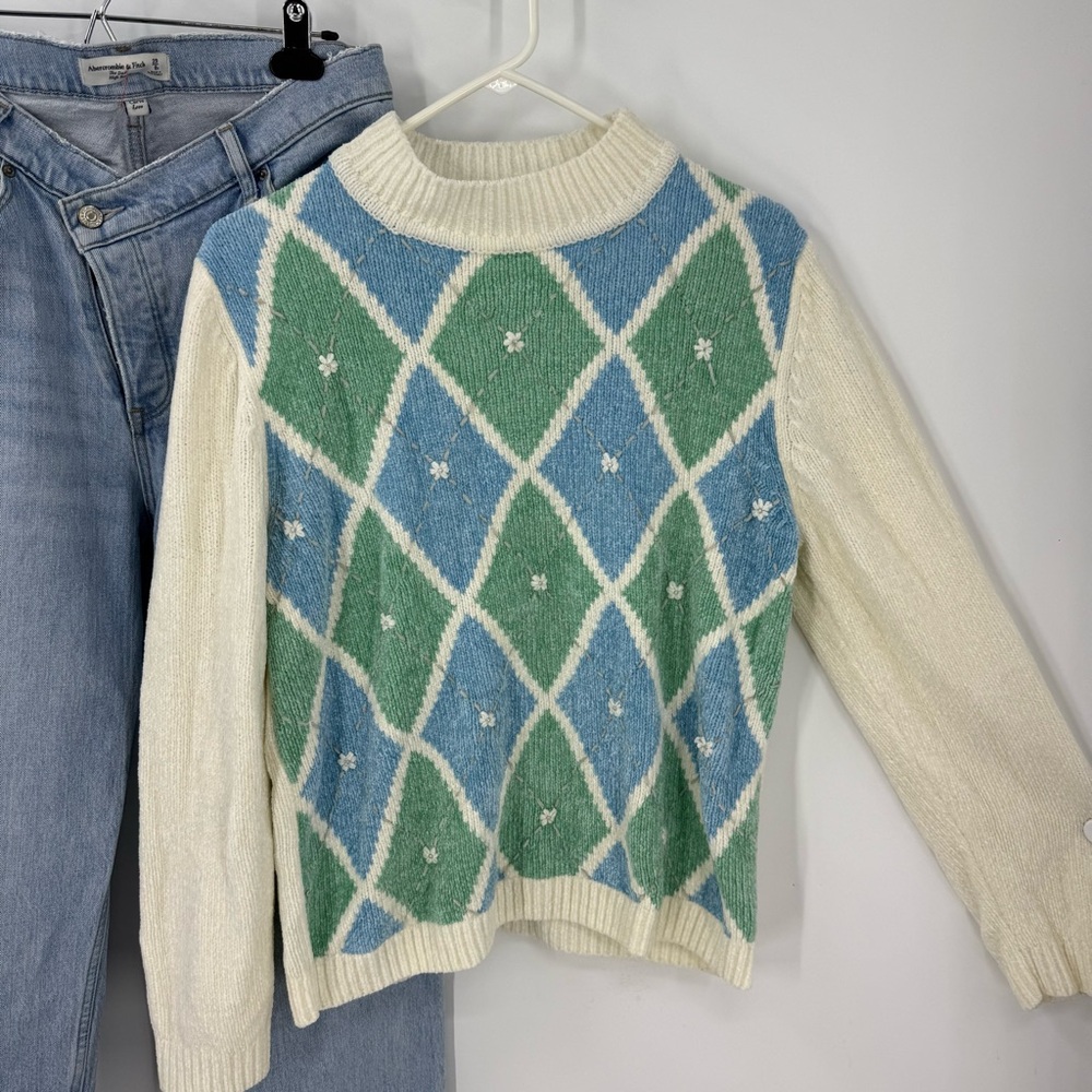 Blue and Green Argyle Women's Sweater